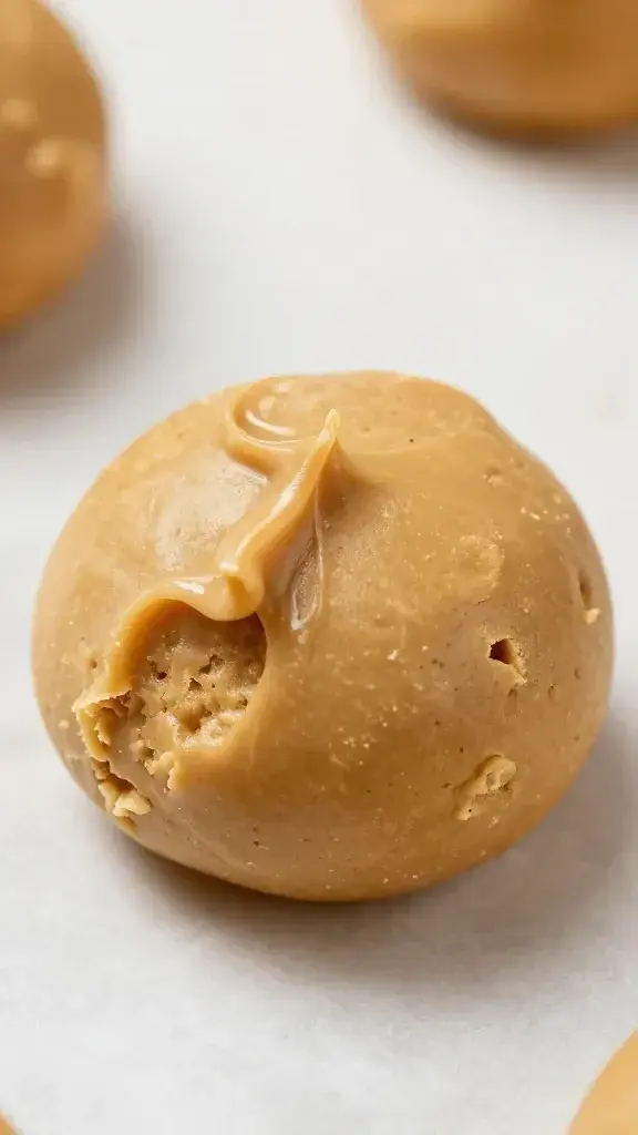 Closeup of peanut butter cookie dough ball on parchment
