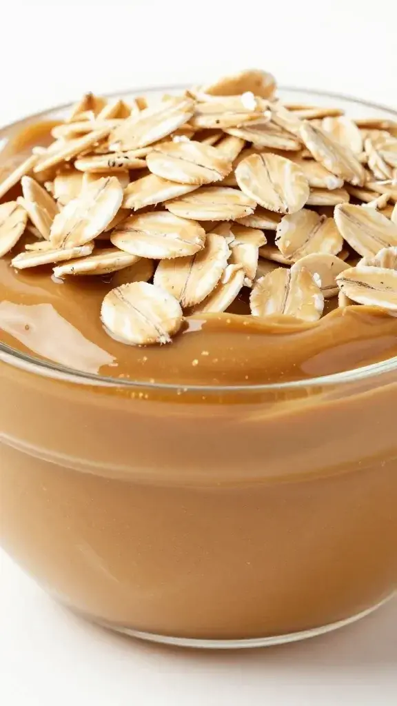 Studio closeup of oats, peanut butter, honey layered in a bowl