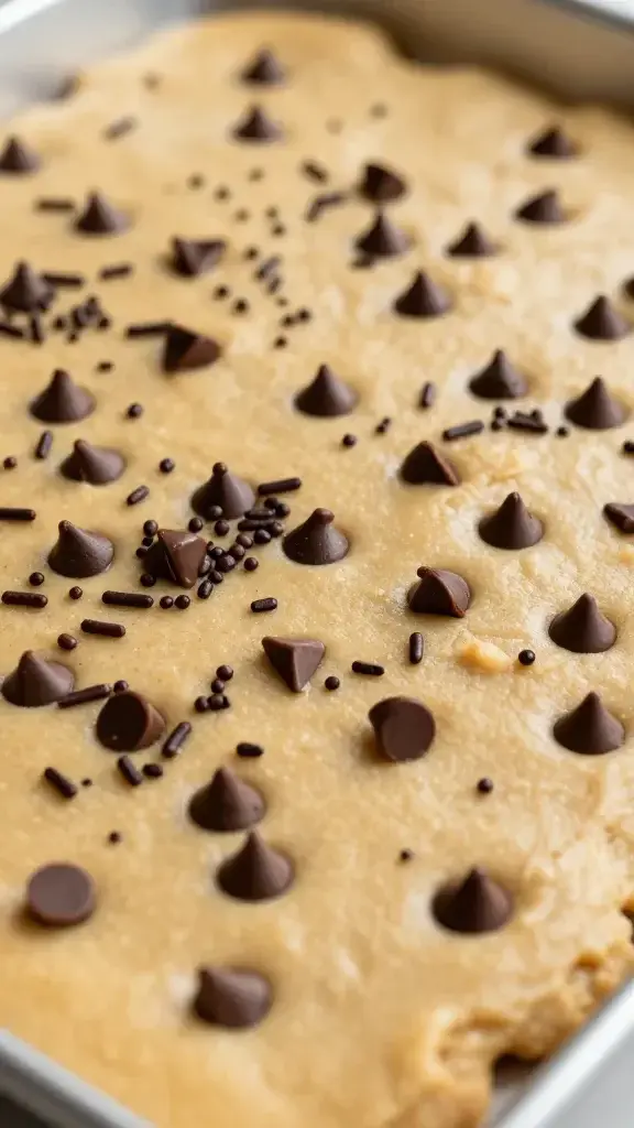 Closeup of chocolate chips sprinkled on peanut butter cookie dough on baking sheet