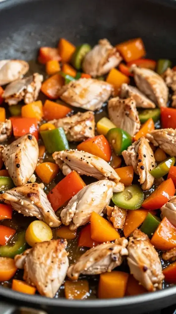 closeup skillet sizzling with diced vegetables and chicken