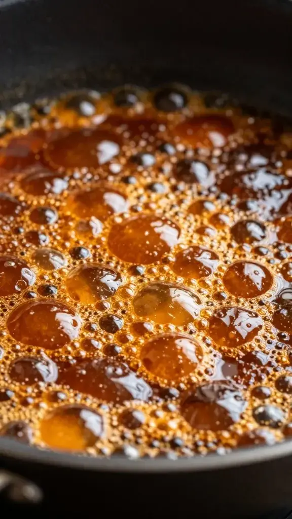 closeup of glossy pan sauce bubbling in one-pan dinner