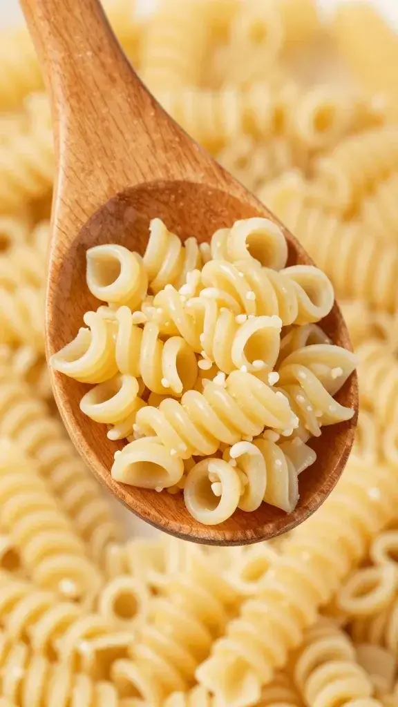 closeup grainy wooden spoon stirring simple pantry pasta