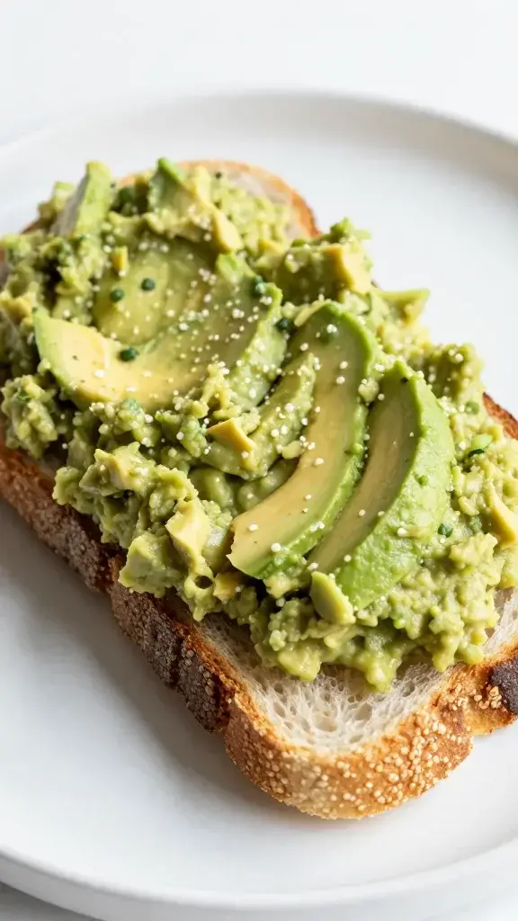 Close-up of avocado smash on sourdough slice, single plate