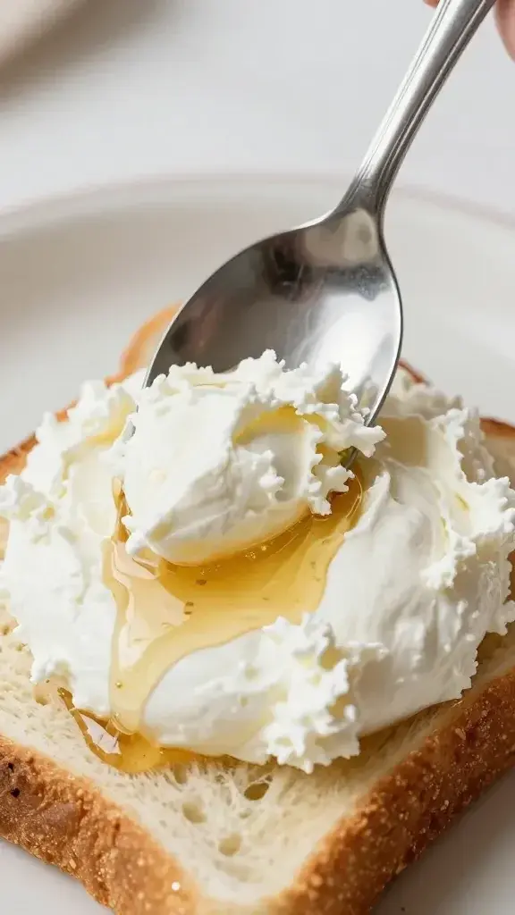 Close-up of whipped ricotta with honey on toast, single spoon
