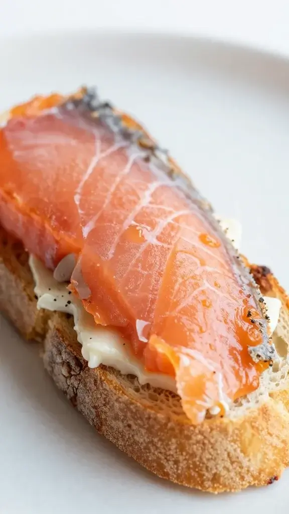 Close-up of smoked salmon atop bruschetta, single platter edge