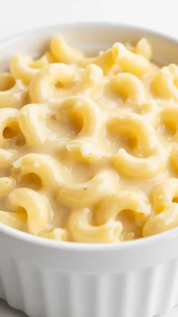 Closeup of creamy stovetop mac and cheese in a white ramekin