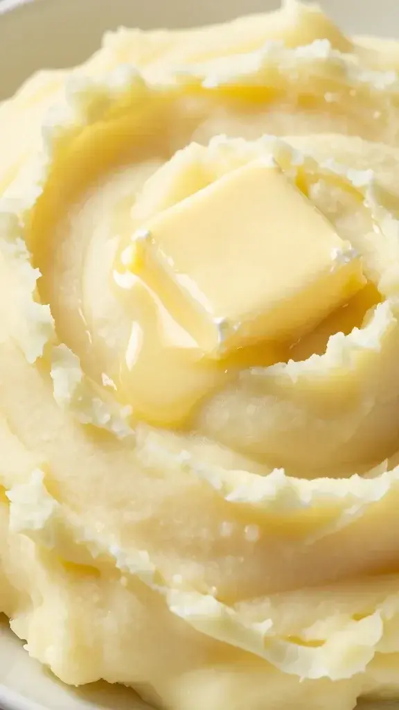 Closeup of fluffy mashed potatoes with a pat of butter melting