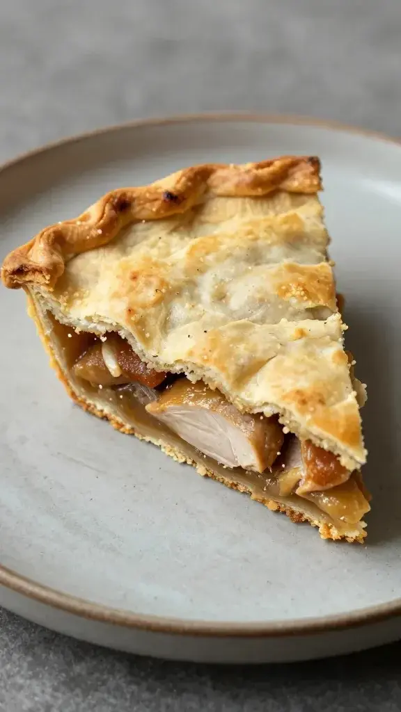 Closeup of a single chicken pot pie slice on a rustic plate