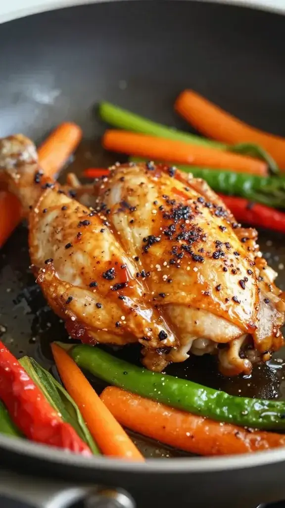 closeup of a single sizzling skillet chicken and vegetables