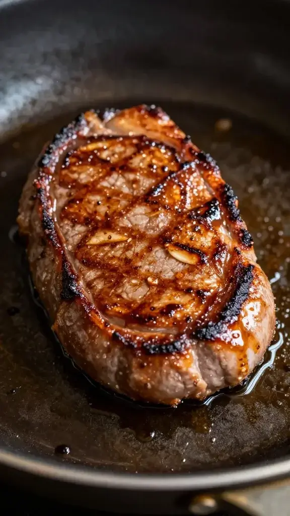 closeup of a single seared protein in a skillet with glaze