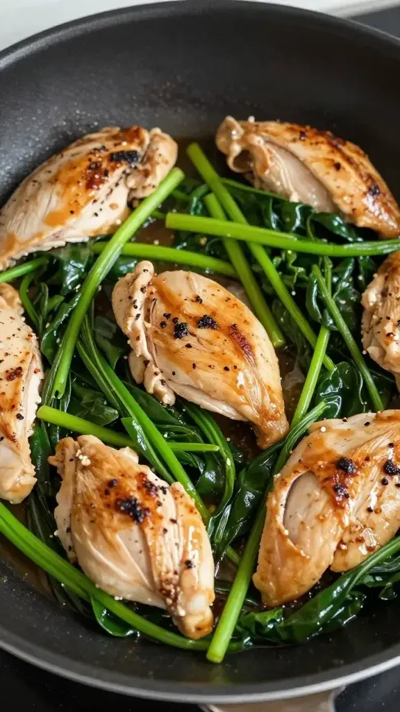 closeup of five-ingredient skillet with chicken and greens in pan