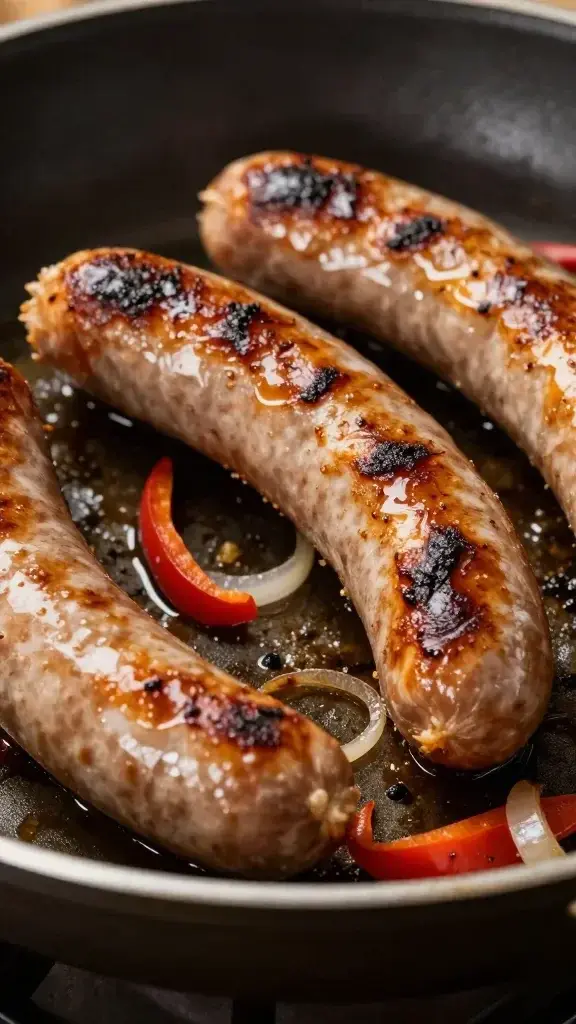 closeup of sizzling sausage with peppers and onions on skillet