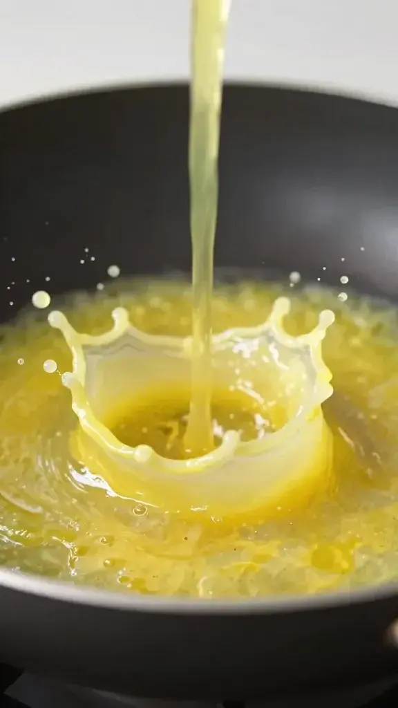 closeup of bright lemon splash over deglazed pan sauce in small skillet