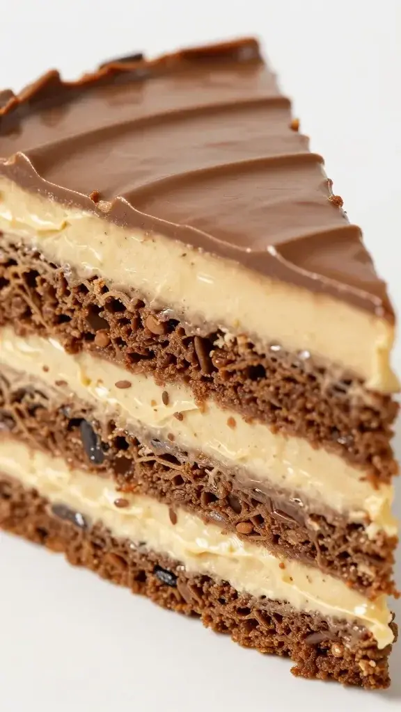 closeup of glossy coffee buttercream layers in Opera cake