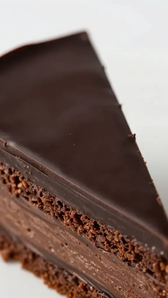 closeup of dark chocolate ganache top on Opera cake slice