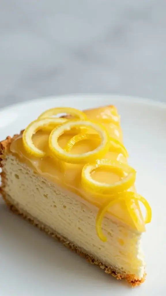 Focused lemon zest spirals atop glossy cake slice