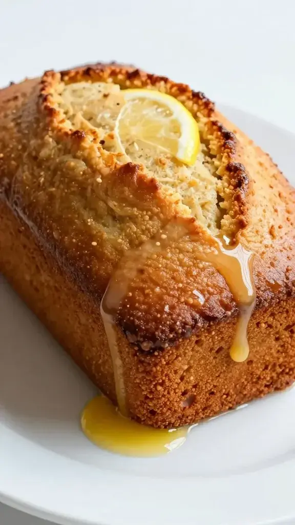 Side-shot closeup of moist lemon loaf on plate with drizzle pooling