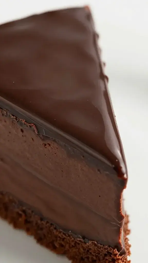 Closeup of glossy chocolate ganache glaze on cake slice