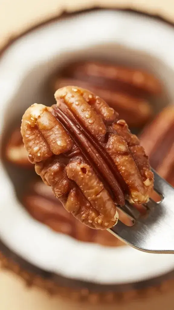 Focused shot of coconut-pecan filling texture on fork