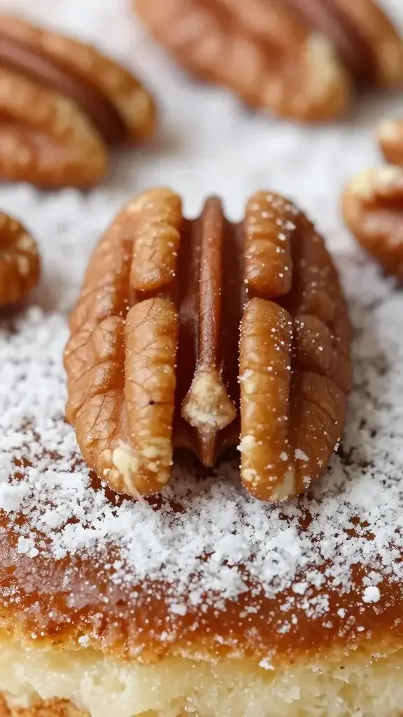 Macro portrait of toasted pecans atop cake layer dusted with sugar