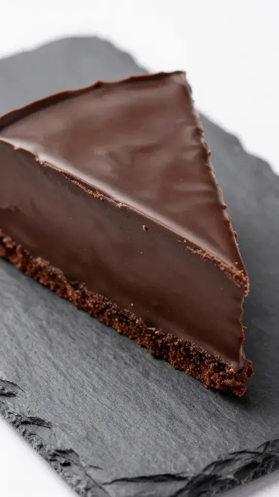 Closeup of glossy flourless chocolate cake slice on slate plate