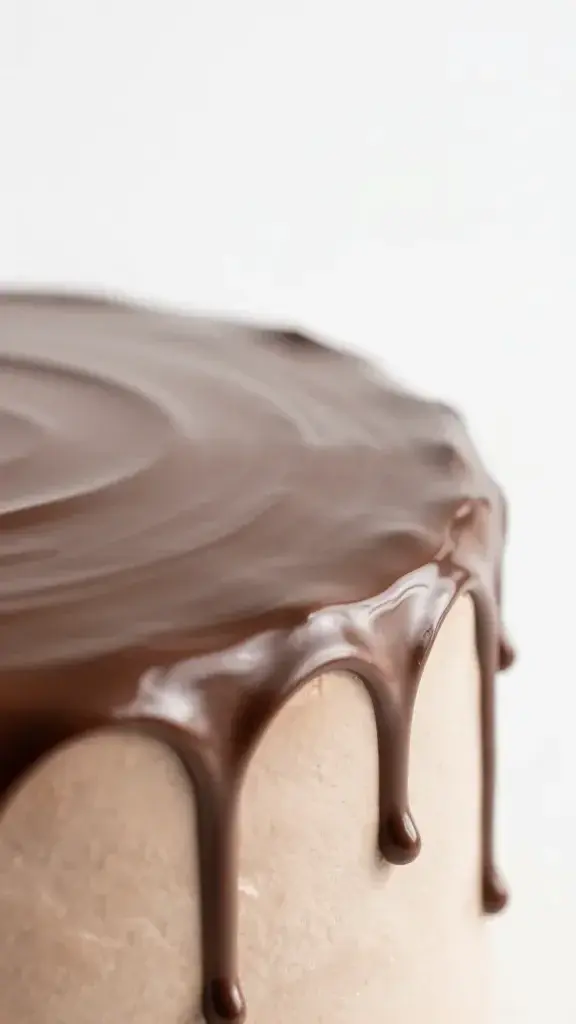 Closeup of melted chocolate ganache glaze dripping from cake edge