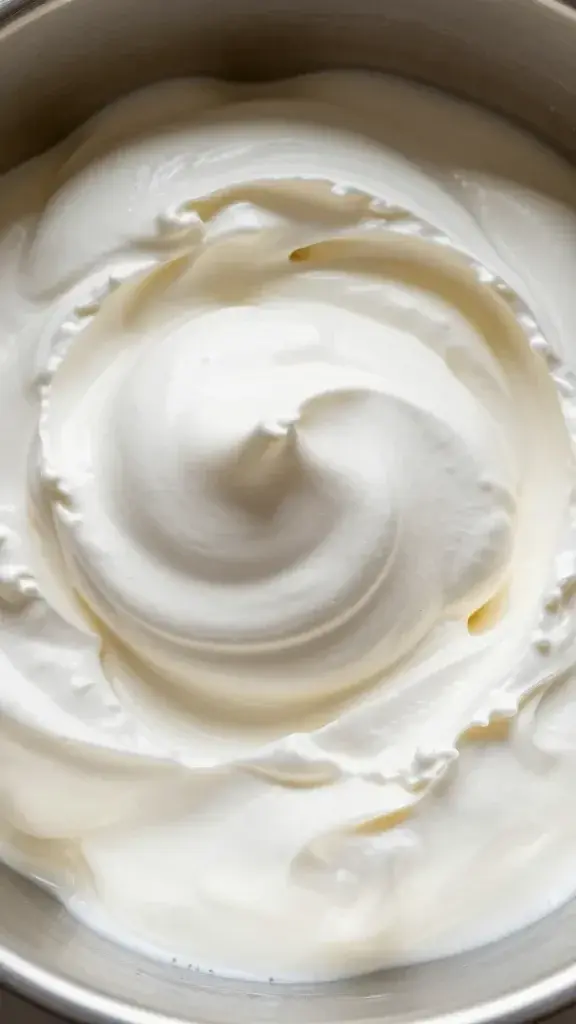 closeup of whipped egg whites softly forming stiff peaks in a bowl