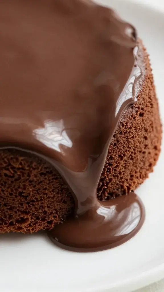 closeup of molten chocolate cake center oozing onto plate