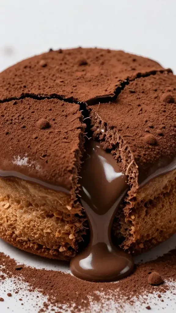 dramatic top crack on molten cake, close shot with cocoa dusting
