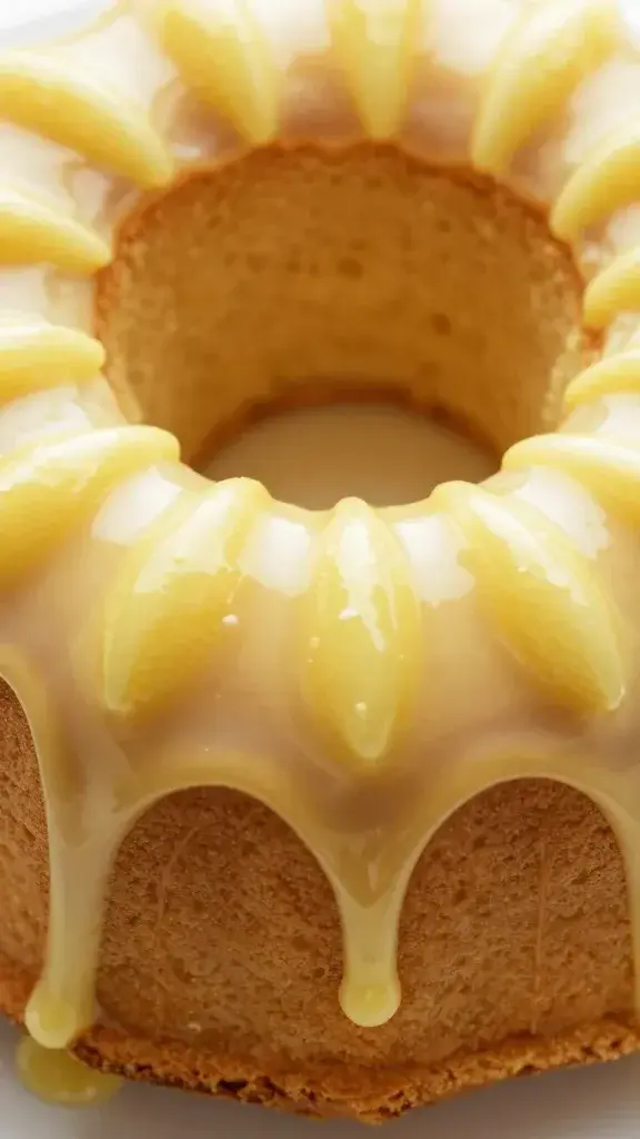 Closeup of glossy lemon Bundt glaze on top, single cake slice visible