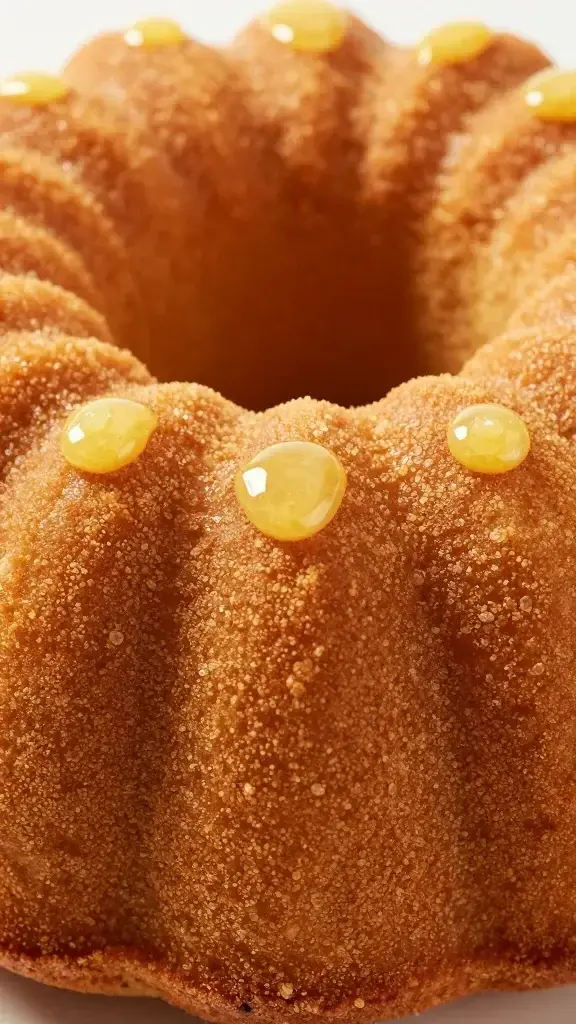 Closeup of lemon glaze droplets on Bundt cake surface, crisp texture