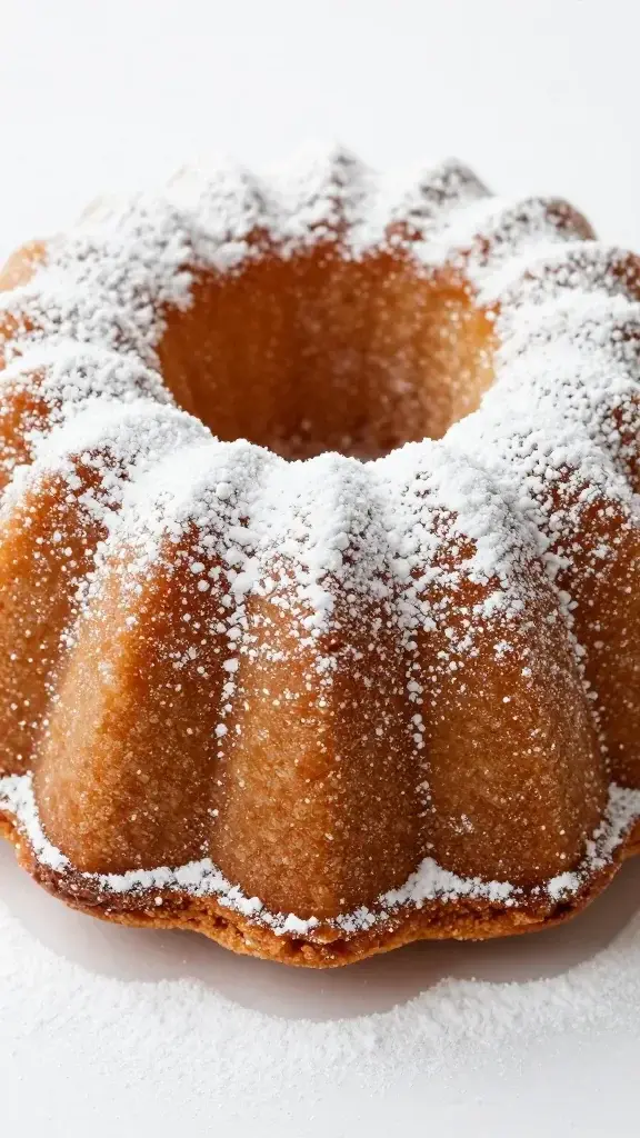 Closeup of powdered sugar dusting on a single Bundt cake rim, white backdrop