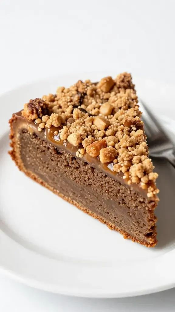 Closeup of a single coffee cake slice with caramelized streusel on white plate