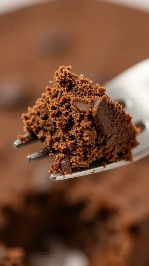 Macro shot of tender coffee cake crumb texture on fork point