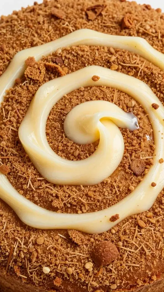 Closeup of vanilla-cinnamon swirl on top of coffee cake crumbed surface