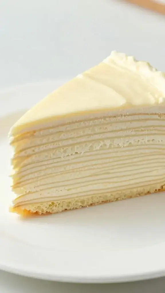 Closeup of layered ice cream cake slice on a white plate