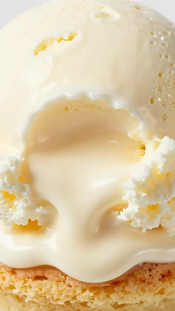 Macro shot of creamy ice cream filling peeking through cake layer