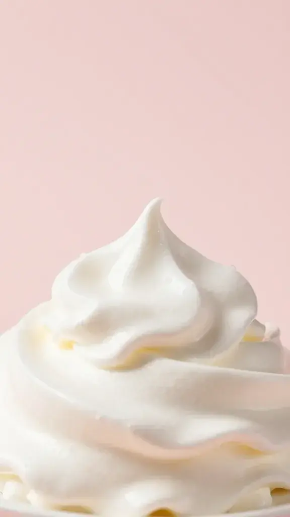 closeup of a whipped egg whites peak against a soft pastel backdrop