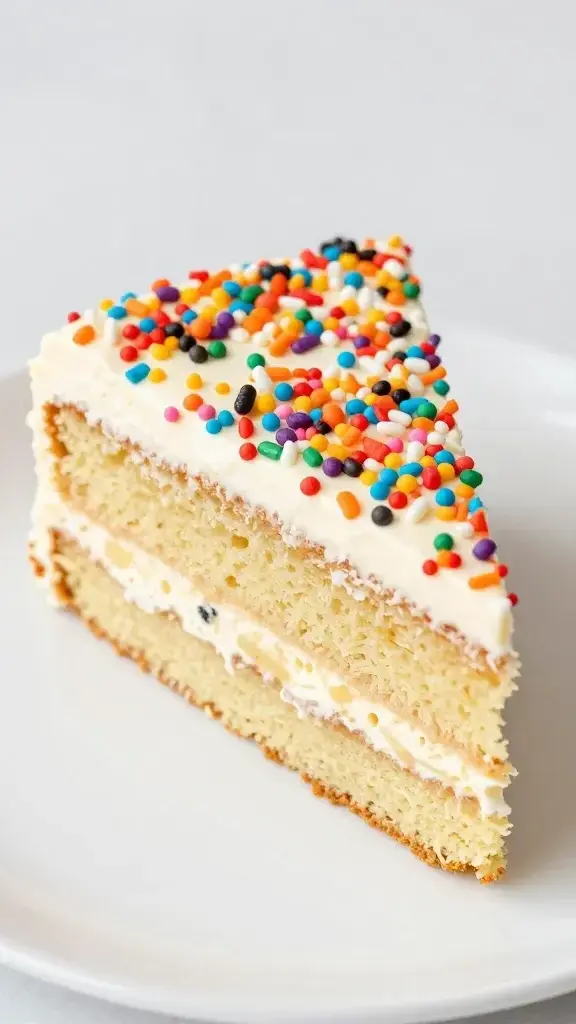 Closeup of a single Funfetti cake slice on a white plate