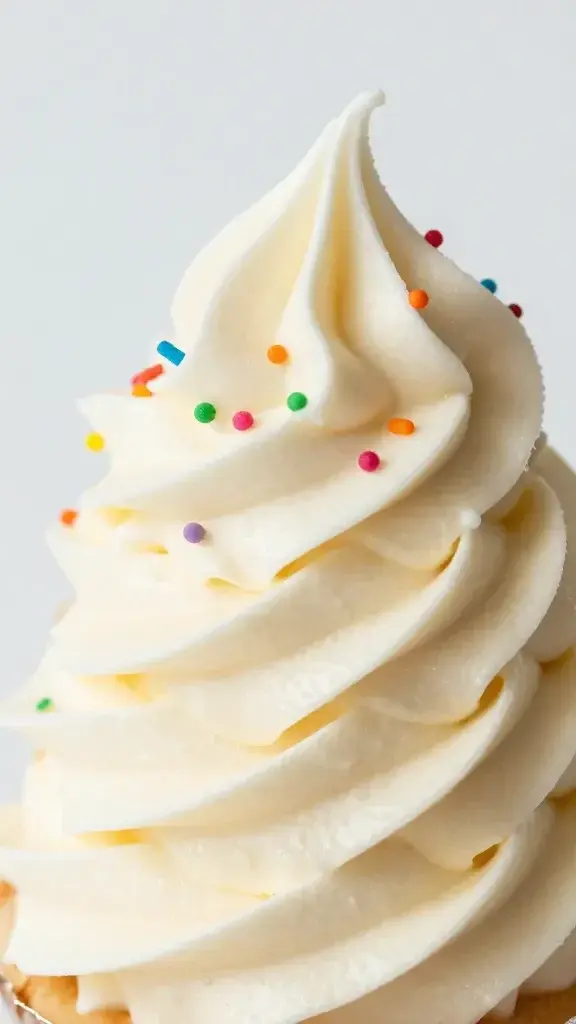 Closeup of vanilla frosting swirl with rainbow sprinkles on top
