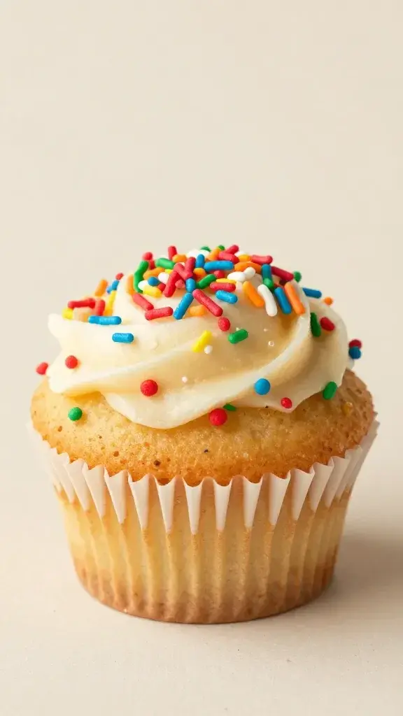 Closeup of a single Funfetti cupcake with vivid sprinkles on a neutral background