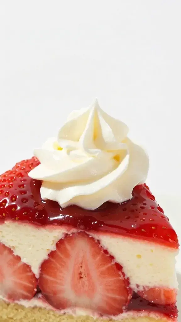 closeup of a single strawberry shortcake slice with whipped cream peak