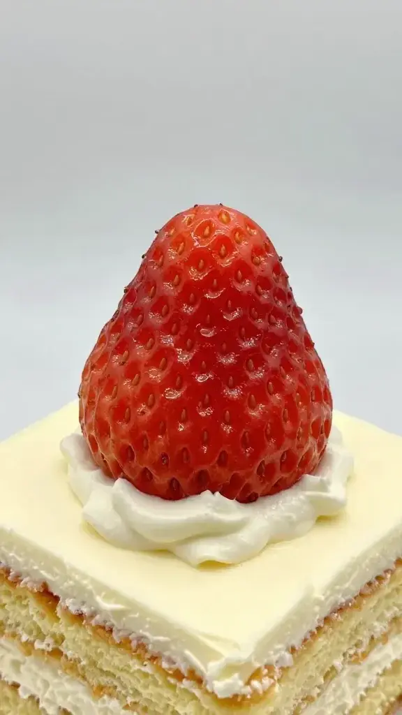closeup of a single ripe strawberry resting on cream-covered shortcake