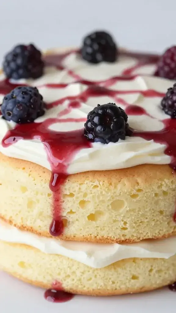 closeup of a single fluffy shortcake layer with berry drizzle and light cream