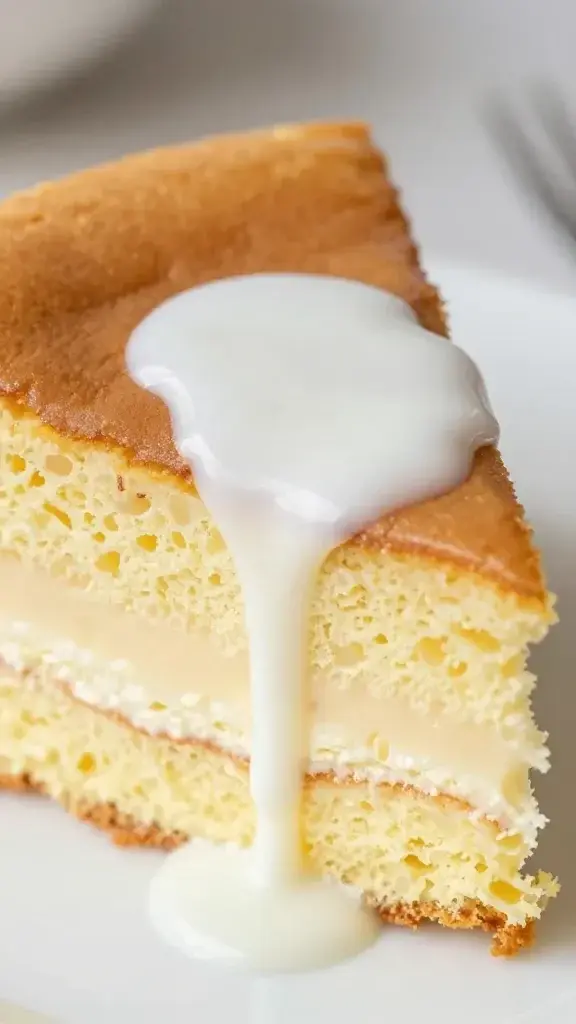 closeup of tres leches cake slice dripping milk