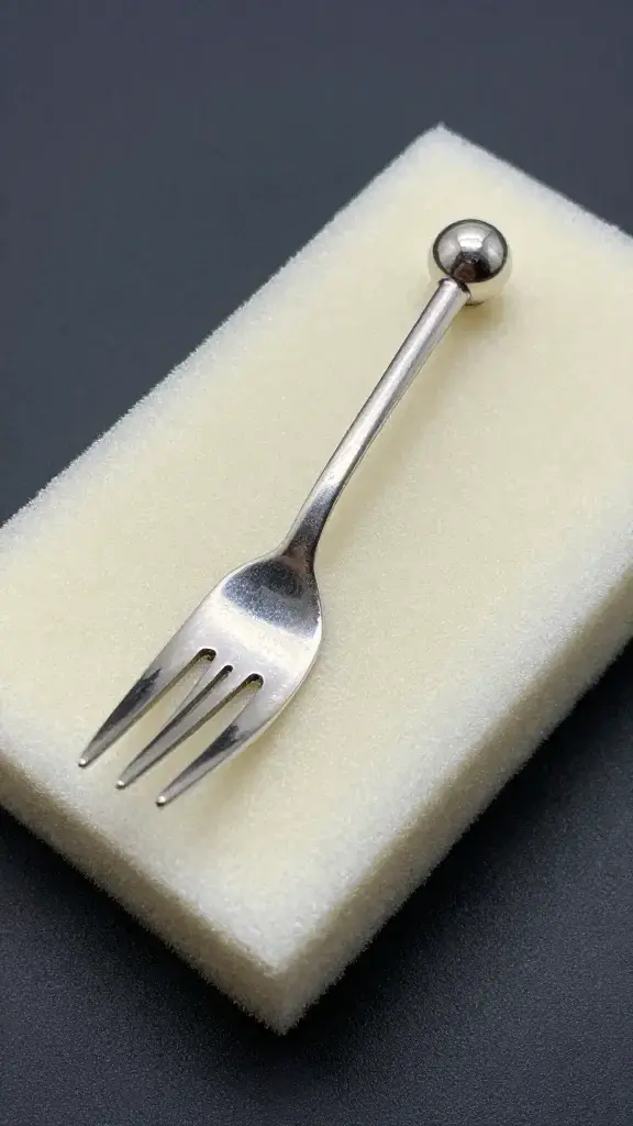 single tarnished silver fork piercing moist sponge
