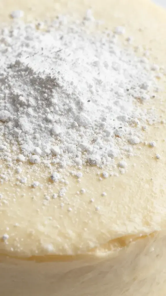 closeup of powdered sugar dusting on creamy cake surface