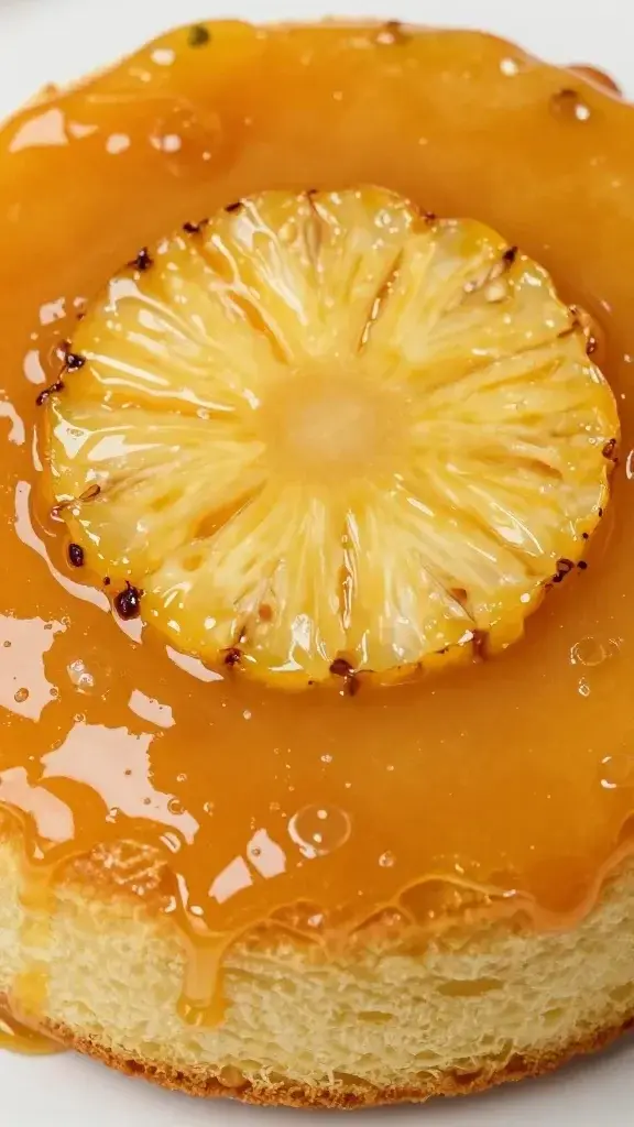 closeup of pineapple upside-down cake caramel crown, glossy amber top