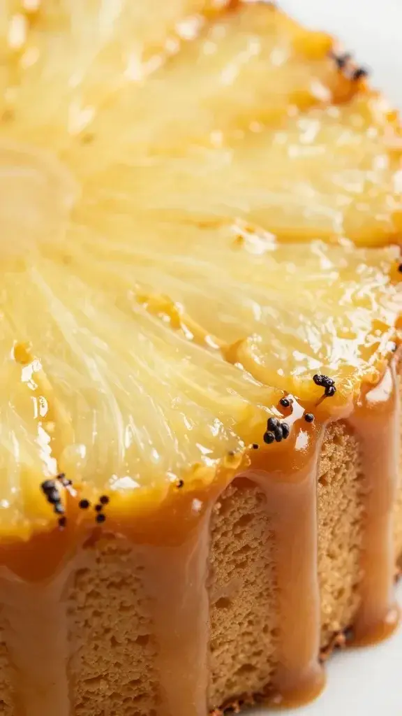 closeup of fluted caramel edge on pineapple upside-down cake