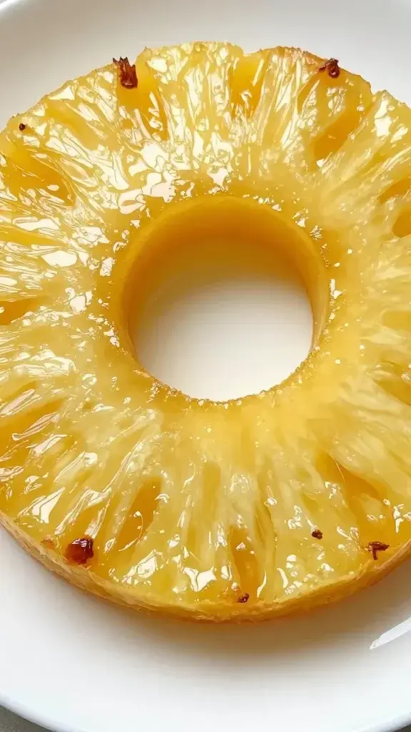closeup of single slice showing caramelized pineapple ring on top, plate edge in frame